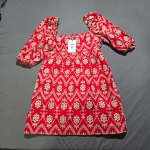Basement Eyelet Mini Dress Womens 4 Red White Floral Embroidery Puff Sleeve
